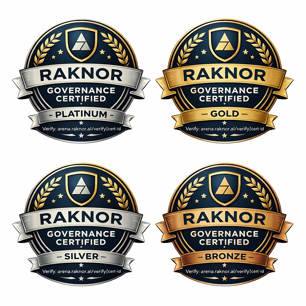 Raknor Governance Certification Badges — Platinum, Gold, Silver, Bronze